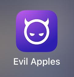 The Evil Apples Logo (s white "smiley" face with 2 eyes, no smile, and 2 horns, on a purple background.